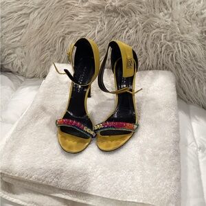 Barbara Bui Yellow Open-Toe Ankle-Strap Heels with Multicolor Gem Trim